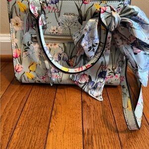 ALDO Light Blue Floral Tote with Scarf Accent